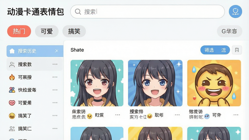 一张展示动漫卡通表情包软件智能搜索与分类界面的图片,画面中软件名称“动漫卡通表情包”出现在搜索框上方,下方是分类标签如“热门”“可爱”“搞笑”和搜索结果展示区,布局采用顶部搜索与左侧分类栏结合,风格清爽简约,细节有搜索历史记录和筛选按钮,画质清晰,画面干净,无多余元素