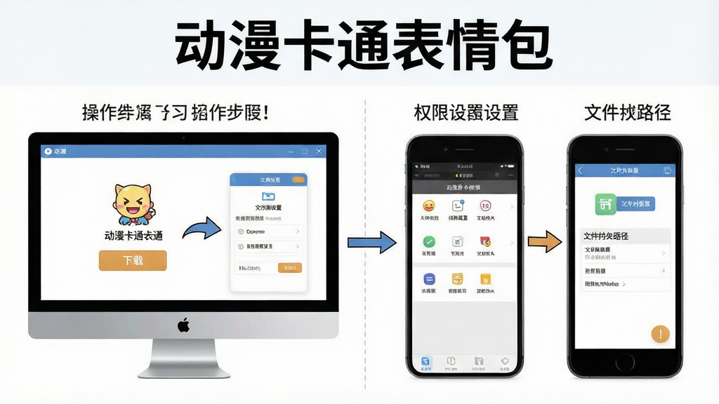 一张展示动漫卡通表情包软件使用指南的示意图,画面中软件名称“动漫卡通表情包”出现在顶部,主体是电脑和手机并排显示操作步骤,包括下载按钮、权限设置界面和文件夹路径,布局采用左右分栏对比,风格简洁明了,细节有箭头指引和提示文字,画质高清,画面干净,无多余元素