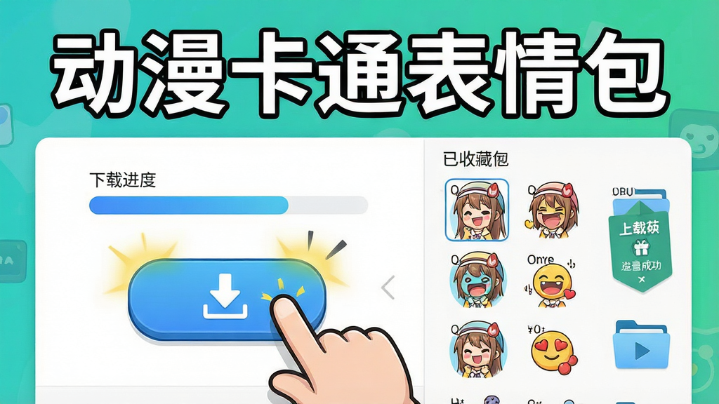 一张展示动漫卡通表情包软件一键下载功能的示意图,画面中软件名称“动漫卡通表情包”位于界面显眼位置,主体是一个手指点击下载按钮的动画效果,旁边显示下载进度条和已收藏的表情包列表,布局简洁直观,风格现代明快,细节有下载成功提示和文件夹图标,画质高清,画面干净,无多余元素