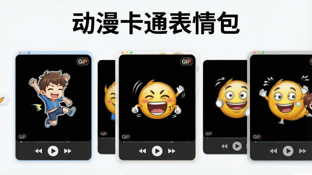 一张展示动漫卡通表情包软件动态表情支持功能的图片,画面中软件名称“动漫卡通表情包”显示在顶部,主体是多个动态GIF表情包正在播放的预览窗口,包括卡通人物跳跃和搞笑动作,布局采用横向滑动卡片式,风格动感活泼,细节有GIF标识和播放控制按钮,画质高清,画面干净,无多余元素