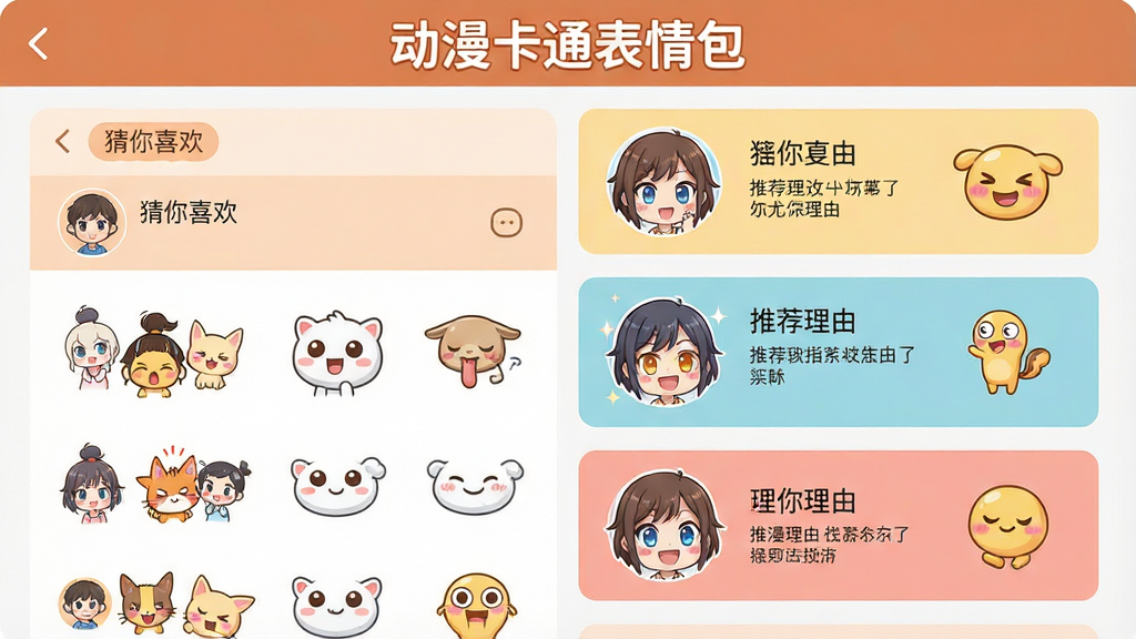 一张展示动漫卡通表情包软件个性化推荐界面的图片,画面中软件名称“动漫卡通表情包”位于顶部,主体是推荐列表展示着不同风格的卡通表情包,配有“猜你喜欢”标签,布局采用纵向列表与横向推荐位结合,风格温馨友好,细节有用户头像和推荐理由文字,画质清晰,画面干净,无多余元素
