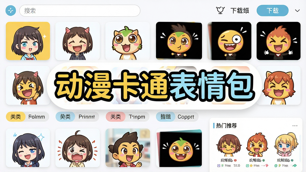 一幅展示动漫卡通表情包软件主界面的预览图,画面中央是软件名称“动漫卡通表情包”的醒目文字,周围环绕着各种可爱的卡通人物表情、动态GIF小图标和分类标签,布局清晰,排版采用网格与卡片结合的方式,风格活泼明亮,细节包括搜索框、下载按钮和热门推荐区域,画质高清,画面干净,无多余元素
