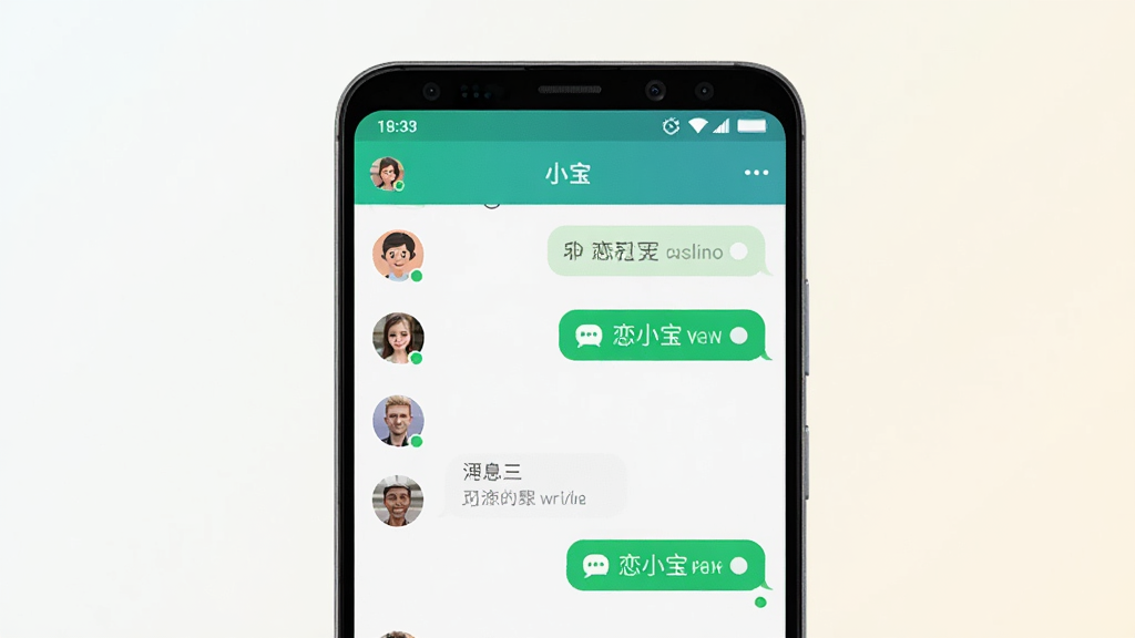主体为一部安卓手机屏幕,屏幕内显示恋小宝社交聊天界面,界面中包含头像列表与聊天气泡,布局为手机居中放置,背景为浅色渐变,排版简洁干净,风格为现代扁平化UI展示风,细节包含消息图标与在线状态圆点,画质高清,干净,无多余元素