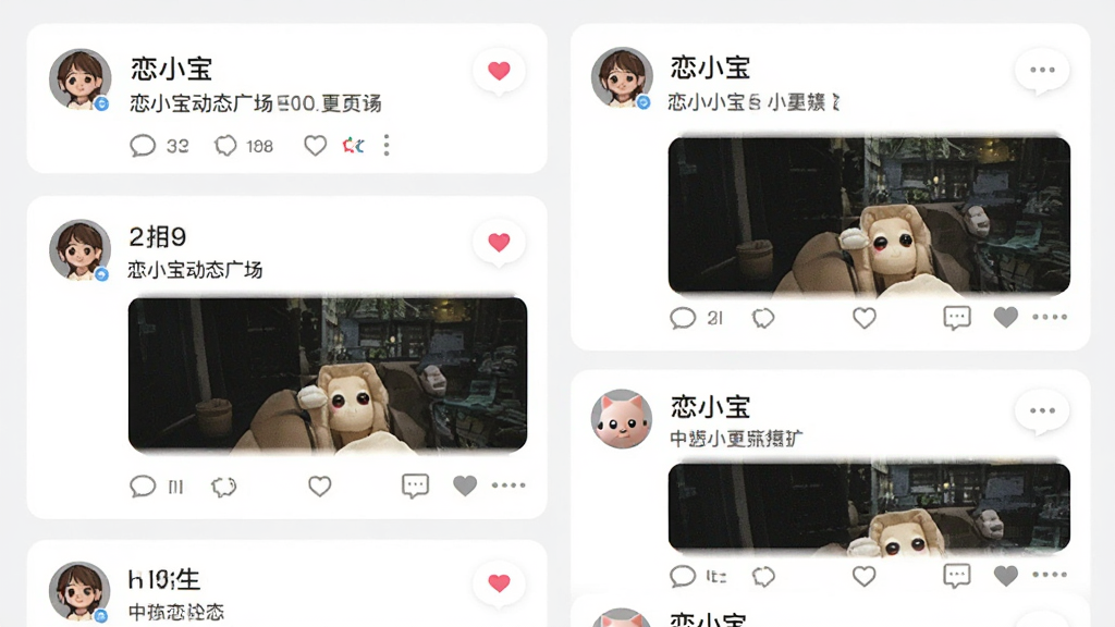 主体为恋小宝动态广场界面,布局为瀑布流卡片排列,排版包含用户头像、文字内容与图片缩略图,风格为清爽社交信息流风格,细节包含点赞爱心图标与评论气泡,画质高清,干净,无多余元素