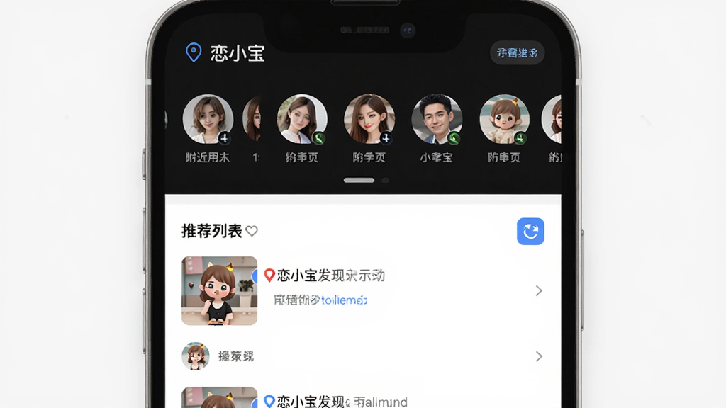 主体为恋小宝发现页面示意图,布局为上下分栏,上方显示附近用户头像横向滑动,下方显示推荐列表,排版清晰有序,风格为简约社交应用界面风,细节包含定位图标与刷新按钮,画质高清,干净,无多余元素