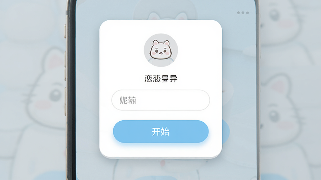 主体为恋小宝注册引导页面示意图,布局为居中卡片式设计,排版包含头像占位、昵称输入框与开始按钮,风格为清新浅色系移动端界面,细节包含柔和阴影与圆角按钮,画质高清,干净,无多余元素