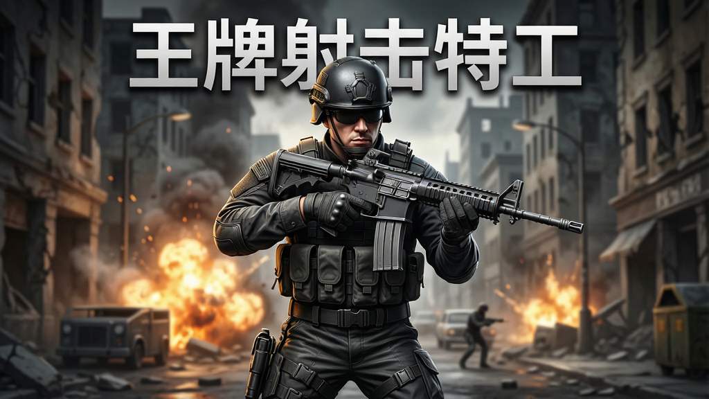 一张以王牌射击特工为主题的游戏主视觉图,画面中央是一位身穿黑色战术装备、手持突击步枪的精英特工,背景是残破的城市街道与爆炸火光,主体位于画面正中,布局上采用中心构图,上方留出空间放置游戏名称文字“王牌射击特工”,排版简洁大气,风格为写实美式射击游戏海报风,细节上突出枪械质感、服装褶皱和背景烟雾,画质高清,画面干净,无多余元素
