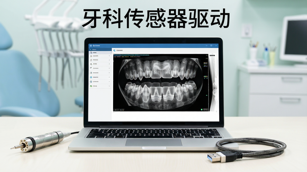 画面中央是一台打开的笔记本电脑,屏幕显示口腔影像软件界面,旁边放着一个牙科传感器探头和USB连接线,桌面整洁,背景是浅色诊室环境,布局采用居中构图,风格为写实产品摄影,细节包括传感器金属触点、线缆纹理、屏幕上的牙齿X光影像,画质清晰干净,无多余元素,图片上方文字标注“牙科传感器驱动”
