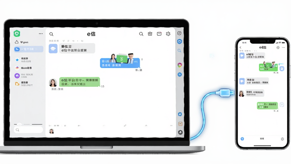 一张展示e信跨平台同步功能的AI生图,画面左侧是一台笔记本电脑,右侧是一部智能手机,两者之间用发光的数据线连接,屏幕上均显示e信的聊天界面,布局左右对称,风格简约商务,细节清晰,高清画质,干净无多余元素