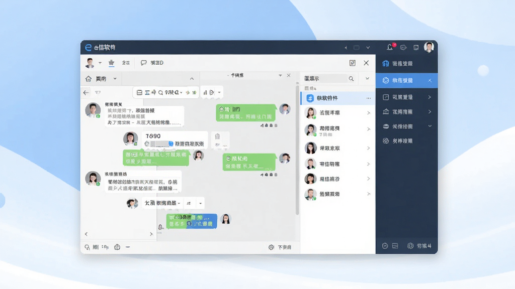一张展示e信软件核心全貌的宣传图片,画面中央是e信软件的主界面截图,包含聊天窗口、联系人列表和功能导航栏,界面简洁现代,背景为柔和的蓝白渐变色调,整体风格商务专业,画面清晰干净,无多余元素,高清画质