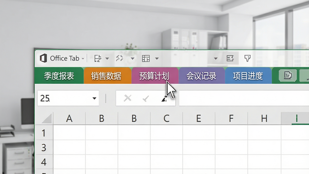 展示多标签页功能的软件界面截图,画面主体为 Excel 窗口,顶部排列着五个不同颜色的文档标签,标签上分别写着“季度报表”“销售数据”“预算计划”“会议记录”“项目进度”,鼠标光标正悬停在其中一个标签上,背景为浅灰色办公环境,风格简洁商务,画质清晰,画面中文字包含“Office Tab”,干净无杂乱元素