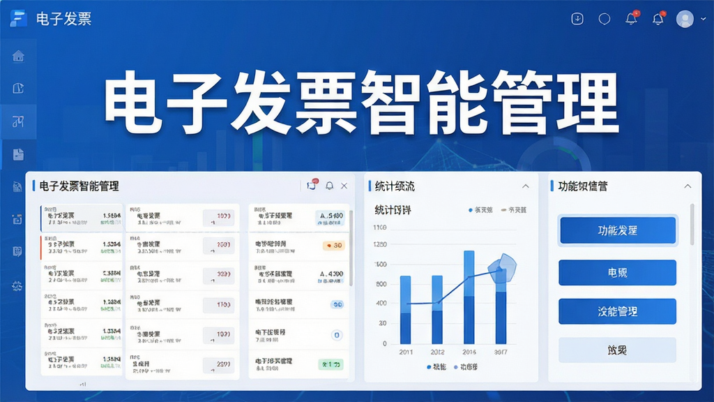 电子发票智能管理软件主界面展示,画面中央是软件名称“电子发票智能管理”的大号标题文字,下方整齐排列着发票列表、统计图表、功能按钮等模块,布局简洁清晰,采用现代商务蓝色调风格,细节精致,界面干净无杂乱元素,高清画质