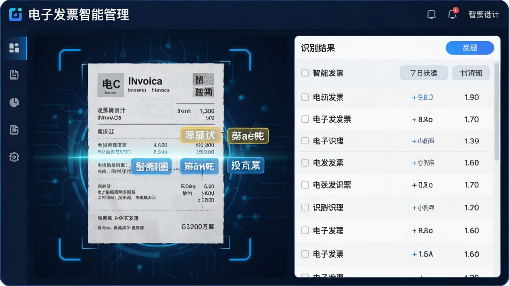 电子发票智能管理软件中的智能识别功能界面,画面展示一张电子发票正在被扫描识别,发票上的文字信息以高亮框形式被逐一提取,右侧显示识别结果列表,软件名称“电子发票智能管理”出现在界面顶部,整体风格科技感十足,画面干净整洁,高清画质
