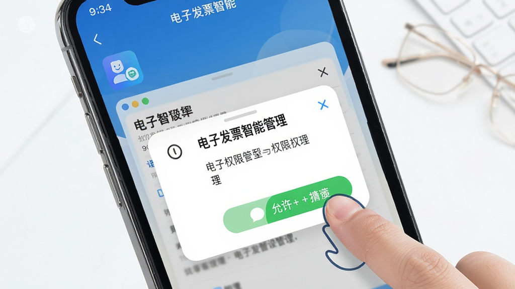 电子发票智能管理软件在手机上的安装与权限设置界面,画面展示手机屏幕中正在安装“电子发票智能管理”应用,权限弹窗清晰可见,旁边有手指点击“允许”的操作示意,整体风格简洁明了,背景干净,高清画质