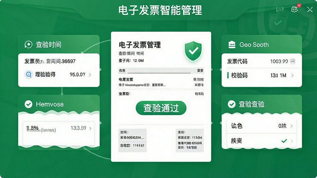 电子发票智能管理软件的发票查验功能页面,画面中央显示一张发票的查验结果状态为“查验通过”,周围环绕着查验时间、发票代码、校验码等信息卡片,界面采用绿色安全色调,软件名称“电子发票智能管理”在页面顶部清晰可见,布局规整,高清画质