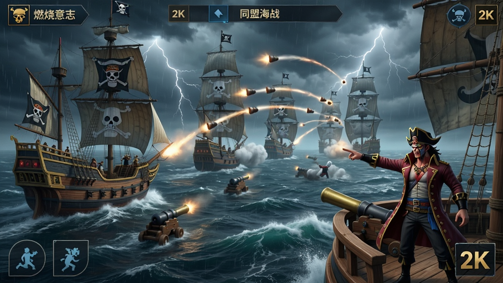航海王:燃烧意志同盟海战场景,主体为多艘海盗船在暴风雨海域交战,布局为舰队阵列对抗,排版展现海战策略界面,风格为史诗海战风,细节包括炮弹轨迹、海浪翻涌、角色站在船头指挥,画质为2K高清,干净大气,无多余元素