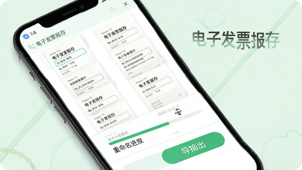 电子发票报存软件的批量重命名操作界面,手机屏幕展示多个发票文件被统一命名为规范格式,画面中有重命名进度条与导出按钮,背景为淡绿色清新风格,细节清晰,画质干净,图片中文字标注