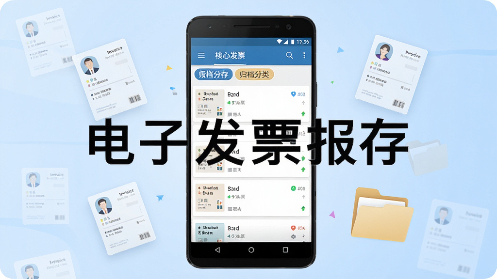 一张展示电子发票报存软件核心功能的竖版手机应用界面图,画面中央是一部安卓手机,屏幕显示发票列表与归档分类标签,背景为浅蓝色渐变,周围漂浮着几张半透明的电子发票图标与文件夹图标,风格简洁商务,细节清晰,画质干净,无多余元素,图片中文字标注