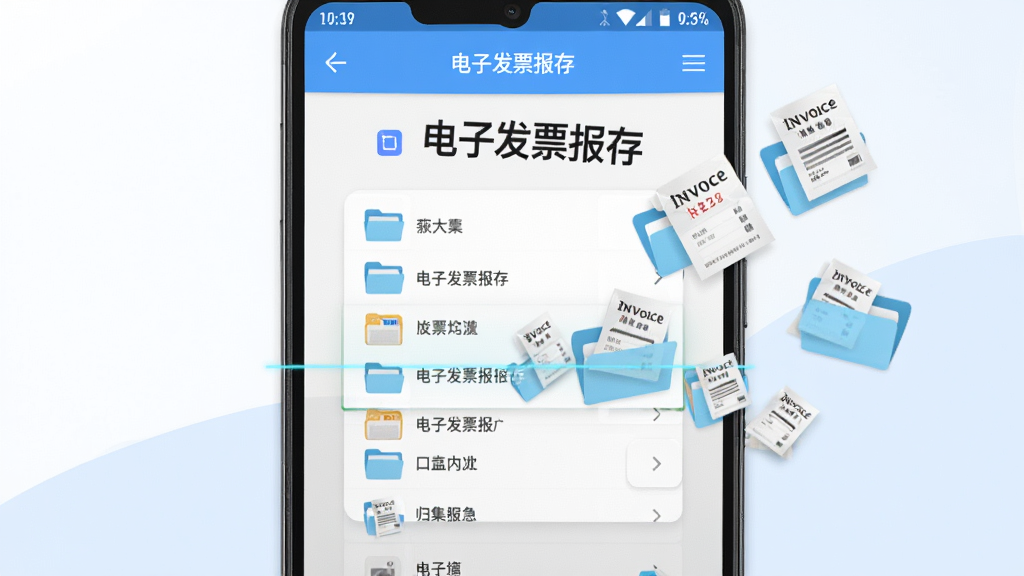 一部安卓手机屏幕显示电子发票报存软件的智能扫描界面,画面中有多个发票文件图标从不同文件夹飞入中央的归集列表,背景为白色与淡蓝色相间的简洁风格,排版清晰,细节丰富,画质干净,图片中文字标注