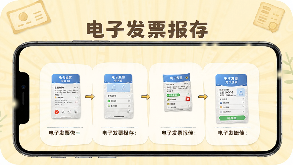 电子发票报存软件的新手操作引导界面,手机屏幕显示分步操作图示与提示文字,背景为浅黄色柔和风格,画面中有