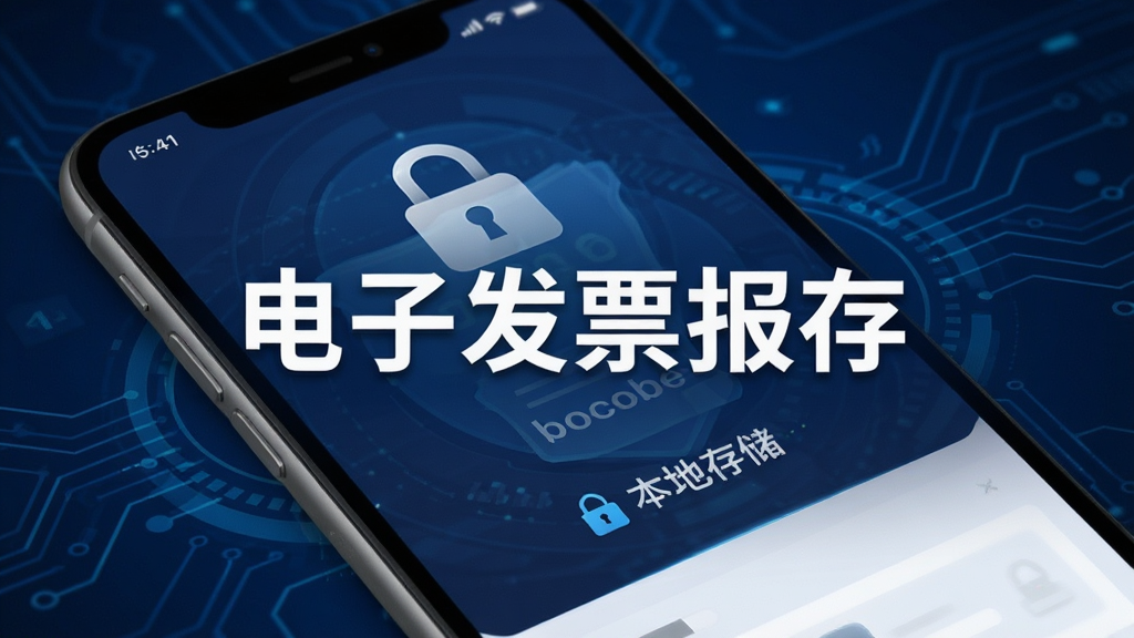 电子发票报存软件的安全设置界面,手机屏幕显示密码锁图标与本地存储标识,背景为深蓝色科技感风格,画面中央有