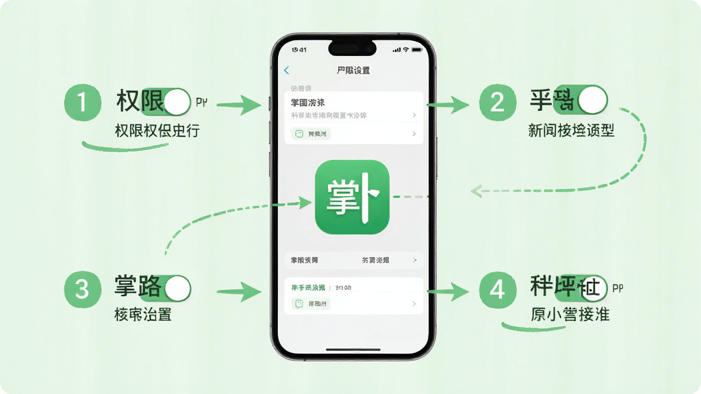 掌路 新手使用教程示意图,主体为手机屏幕显示权限设置界面与掌路图标,布局为手机居中展示,背景为浅绿色柔和背景,排版为步骤序号与箭头指示,风格为清新教学风格,细节包括权限开关图标清晰、文字标注简洁,画质为高清1080P,干净无多余元素