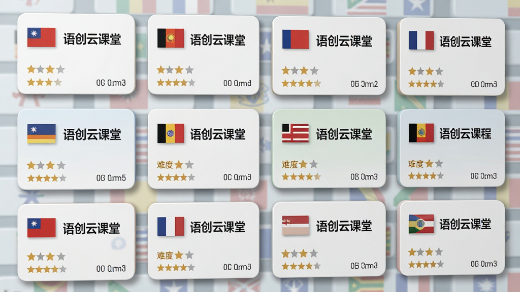 画面主体为一面虚拟的课程墙,墙面上整齐排列着带有不同国家国旗标识的课程卡片,卡片上写着“语创云课堂”字样。每张卡片下方有难度星级与课时数量。布局采用网格状排列,风格现代简约,细节上卡片边缘有轻微的阴影效果。画质高清,色彩柔和,无多余元素。
