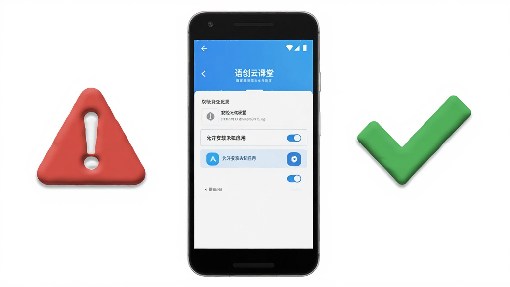 画面主体为一部安卓手机屏幕,显示语创云课堂的安装权限设置界面,界面中有“允许安装未知应用”的开关按钮。手机旁边有一个红色的警告图标与一个绿色的对勾图标,分别代表风险与安全。布局采用左右对比构图,风格简洁直观,细节上图标有轻微立体感。画质清晰,背景干净,无多余元素。
