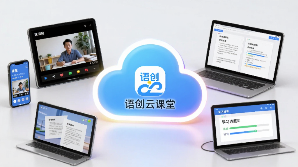 画面主体为多台设备(手机、平板、笔记本电脑)围绕一个发光的云朵图标排列,云朵中显示语创云课堂的Logo。设备屏幕分别展示课程视频、文档资料与学习进度条。布局采用环绕式构图,风格科技感与教育感结合,细节上云朵边缘有柔和的光晕。画质清晰,背景干净,无多余元素。