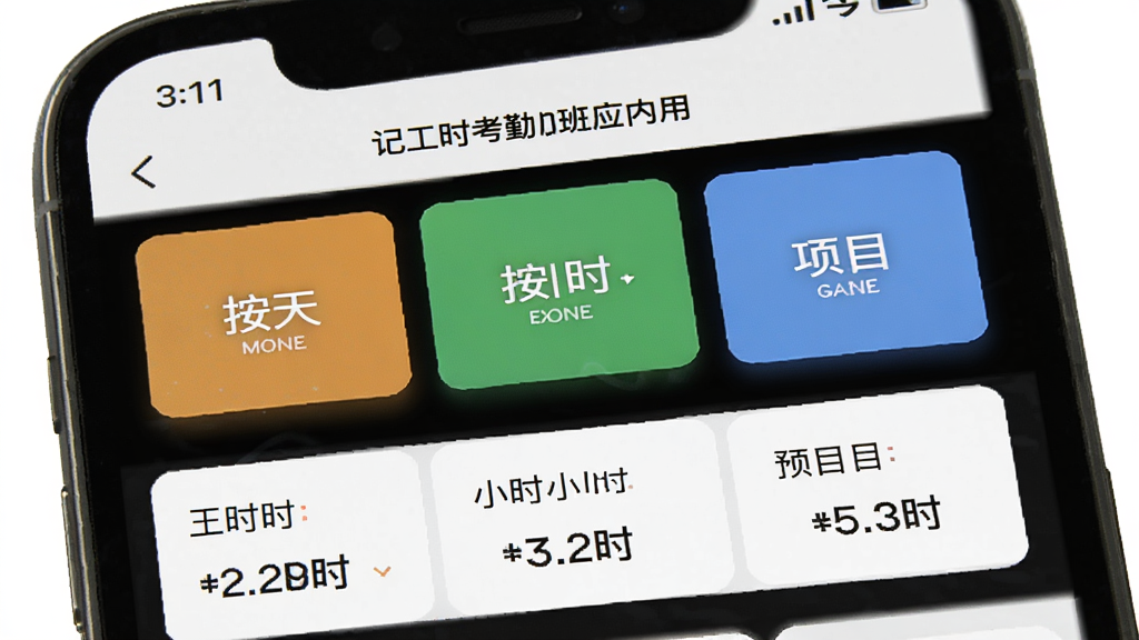 一幅展示记工时考勤加班应用内多种记工模式选择的界面图,画面主体为手机屏幕,屏幕上呈现按天、按小时、按项目三个大按钮,按钮下方有对应的工时数据预览,布局清晰,风格简约商务,细节丰富,画质干净,无多余元素,背景为纯白。