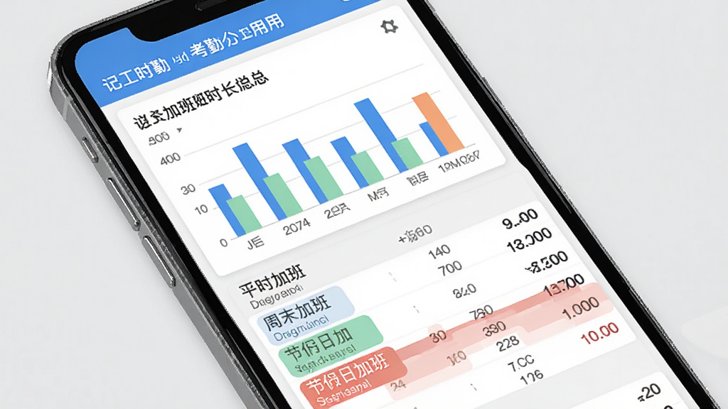 一幅描绘记工时考勤加班应用中加班统计报表的手机界面图,屏幕上显示着柱状图与列表结合的加班时长汇总,包含平时加班、周末加班、节假日加班等分类,数据清晰,风格扁平化,细节精致,画质高清,背景为浅灰色,无多余装饰。