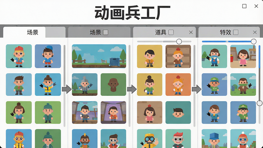 一张展示动画兵工厂内置素材库界面的图片,画面主体是软件名称“动画兵工厂”文字标识位于顶部居中位置,下方是分类清晰的素材面板,包含角色、场景、道具、特效四个标签页,每个标签页内展示多个彩色缩略图,布局采用网格排列,风格为清新扁平化设计,细节上体现拖拽操作箭头和自定义编辑滑块,画质高清,画面干净整洁,无多余元素
