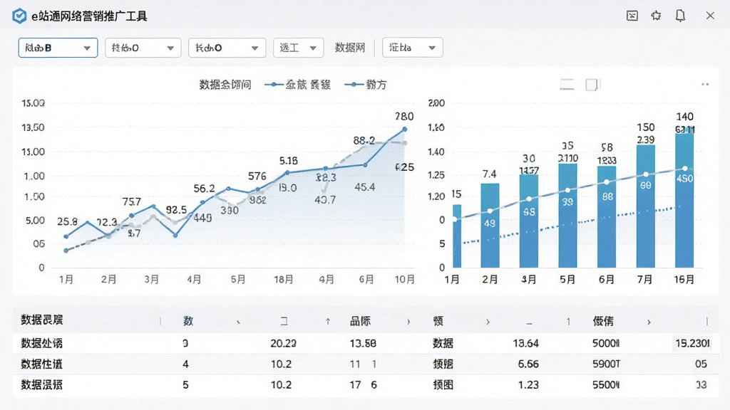 一幅AI生成的e站通网络营销推广工具软件数据报表界面图,画面主体为折线图与柱状图组合的数据看板,布局为上方筛选栏、中部图表区、下方数据表格,排版清晰,风格为专业数据分析风,细节包含图例、坐标轴、数值标签,画质高清,干净,无多余元素