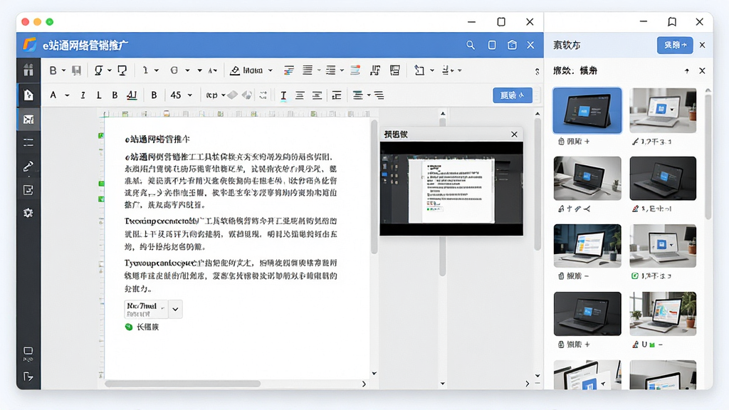 一幅展示e站通网络营销推广工具软件软文编辑器的AI生图,画面主体为编辑器窗口与右侧素材库面板,布局为左右分栏,排版上左侧为文本编辑区、右侧为模板缩略图列表,风格为现代办公软件风,细节包含工具栏图标、格式按钮、预览窗口,画质高清,干净,无多余元素