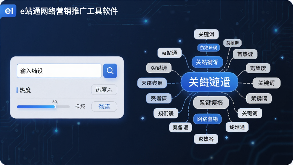 一幅AI生成的软件功能示意图,画面主体为“e站通网络营销推广工具软件”的关键词拓展模块,布局采用左侧输入框、右侧发散状关键词云,排版上关键词以标签形式整齐排列,风格为简洁科技感,细节包含搜索图标、热度条、筛选按钮,画质高清,干净,无多余元素