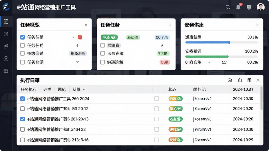 一幅展示e站通网络营销推广工具软件批量任务管理界面的AI生图,画面主体为任务列表与进度条,布局采用上下结构,上方为任务概览卡片,下方为详细执行日志,排版整齐,风格为商务办公风,细节包含复选框、状态标签、时间戳,画质高清,干净,无多余元素