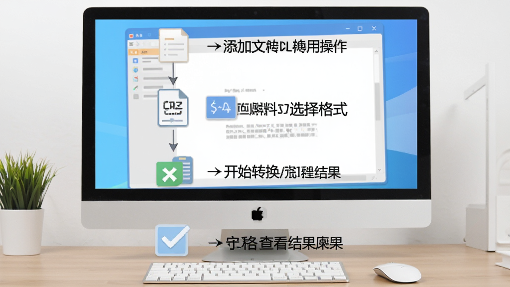 迅捷CAJ转换器使用教程示意图,画面展示电脑屏幕中软件操作步骤,分为添加文件、选择格式、开始转换、查看结果四个步骤,每个步骤配有简洁图标和文字说明,风格扁平化设计,布局从上到下依次排列,画质干净无多余元素