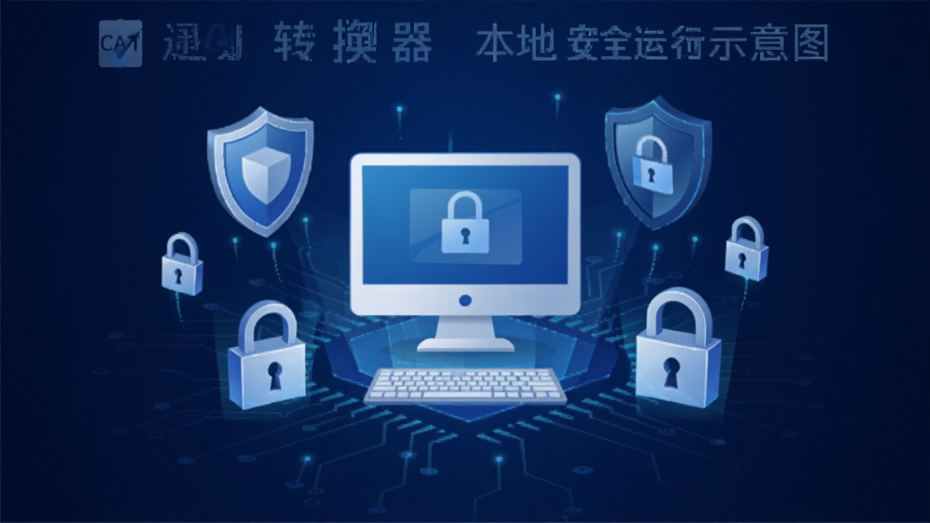 迅捷CAJ转换器本地安全运行示意图,画面中央为电脑图标,周围环绕盾牌与锁形符号,背景为深蓝色科技感渐变,风格简洁稳重,布局居中,画质干净无多余元素