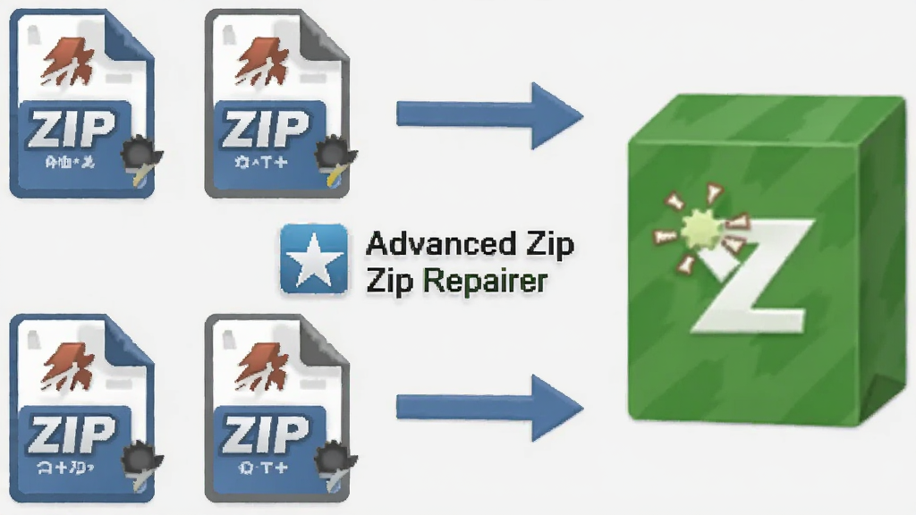 一幅展示 Advanced Zip Repairer 批量修复功能的示意图,画面中多个损坏的ZIP文件图标排列在左侧,箭头指向右侧一个完整的绿色压缩包,中间显示“Advanced Zip Repairer”软件标志,背景为浅灰色,风格扁平化,细节清晰,画质干净