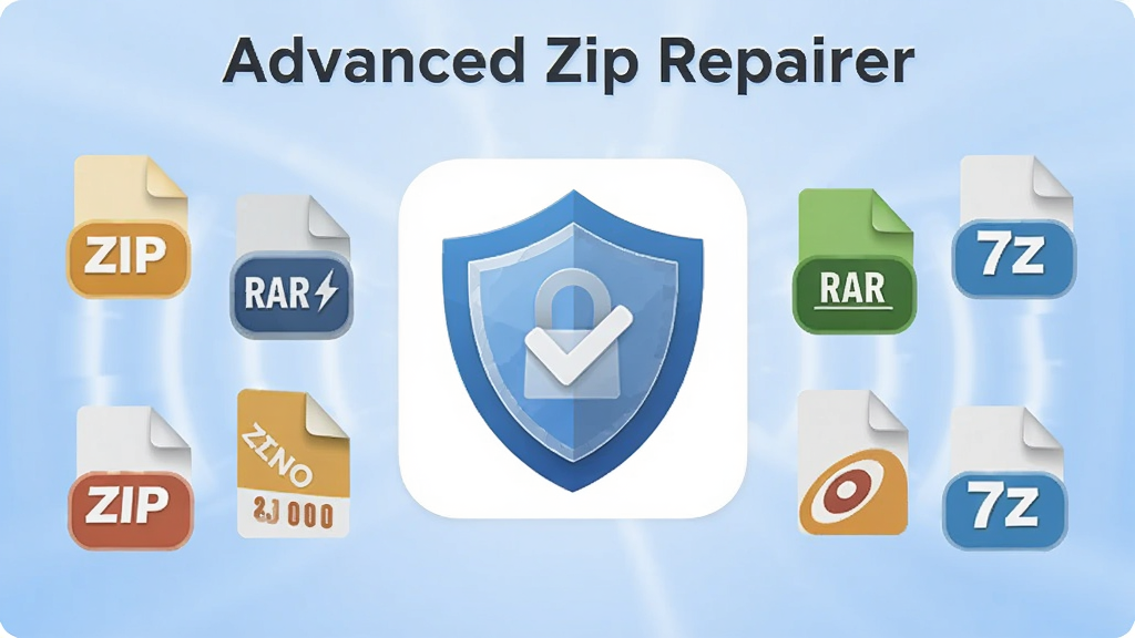 一张强调 Advanced Zip Repairer 兼容性与安全性的宣传图,画面中央是软件图标与盾牌符号结合,周围环绕ZIP、RAR、7Z等格式图标,背景为柔和渐变蓝色,风格现代简洁,画质清晰,无多余元素