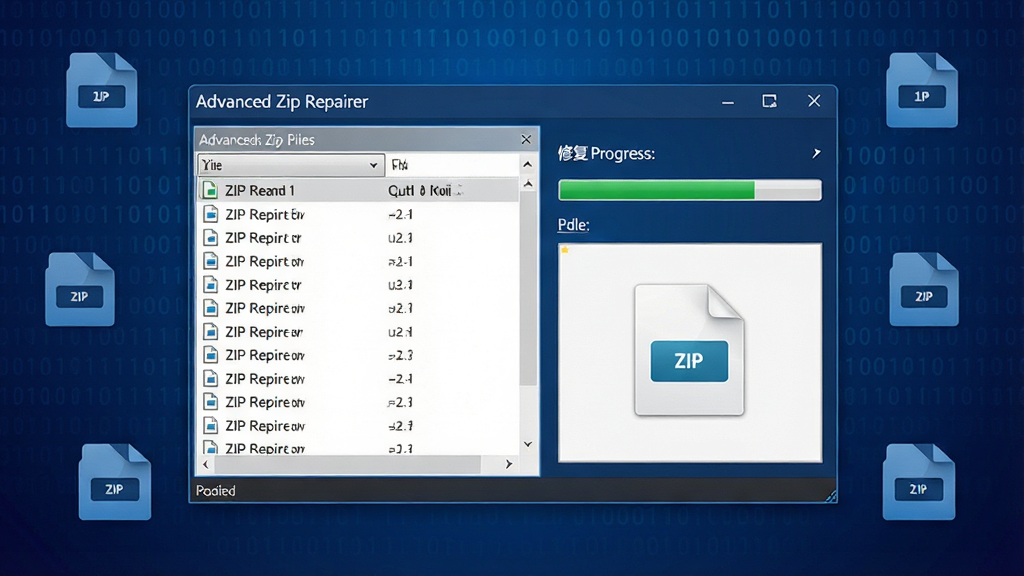 一张科技感十足的软件界面展示图,画面中央是“Advanced Zip Repairer”软件主窗口,左侧显示待修复的ZIP文件列表,右侧展示修复进度条与文件预览区域,背景为深蓝色渐变,点缀二进制代码与压缩包图标,整体风格简洁专业,画质清晰,干净无多余元素