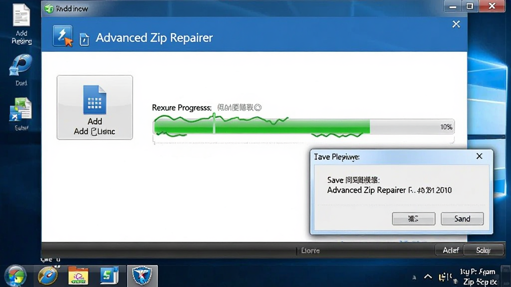 一张电脑桌面截图,展示 Advanced Zip Repairer 软件的操作流程,画面中包含添加文件按钮、修复进度条和保存对话框,界面为中文,风格写实,画质清晰,干净整洁