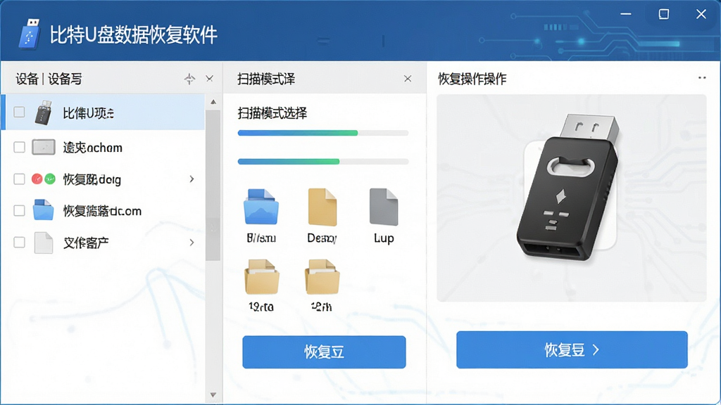 一款名为比特U盘数据恢复软件的电脑软件界面,主体位于画面中央,布局采用左右分栏设计,左侧为设备列表和扫描模式选择,右侧为文件预览和恢复操作区域,排版整洁有序,风格为现代简约科技风,细节上包含U盘图标、进度条、文件类型分类图标和恢复按钮,画面中文字显示“比特U盘数据恢复软件”,画质清晰,干净,无多余元素