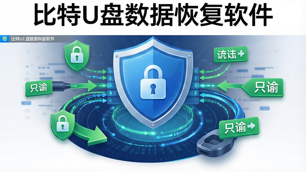 比特U盘数据恢复软件安全只读模式示意图,主体为软件安全防护盾牌图标与数据流示意,布局采用中心盾牌加环绕数据线的构图,排版简洁明了,风格为安全科技风,细节上包含锁形图标、绿色安全标识、只读标签和数据传输箭头,画面中文字显示“比特U盘数据恢复软件”,画质清晰,干净,无多余元素