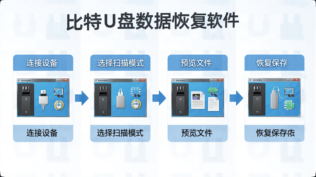 比特U盘数据恢复软件新手操作流程图,主体为软件操作步骤示意图,布局采用横向流程图结构,从左到右依次为连接设备、选择扫描模式、预览文件、恢复保存四个步骤,排版清晰易懂,风格为扁平化信息图风,细节上包含每一步的软件界面缩略图和操作箭头,画面中文字显示“比特U盘数据恢复软件”,画质清晰,干净,无多余元素
