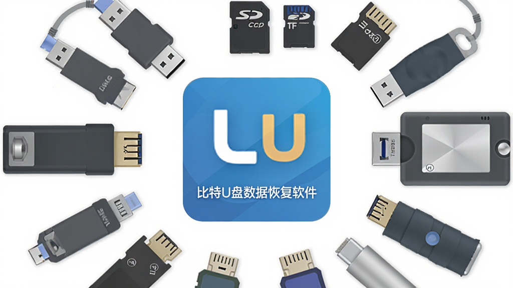 比特U盘数据恢复软件多设备兼容展示图,主体为多种存储设备围绕软件图标排列,布局采用中心辐射式构图,中央为比特U盘数据恢复软件图标,四周环绕U盘、SD卡、TF卡、移动硬盘等设备,排版均衡对称,风格为扁平化插画风,细节上包含各设备的接口细节和容量标识,画面中文字显示“比特U盘数据恢复软件”,画质清晰,干净,无多余元素