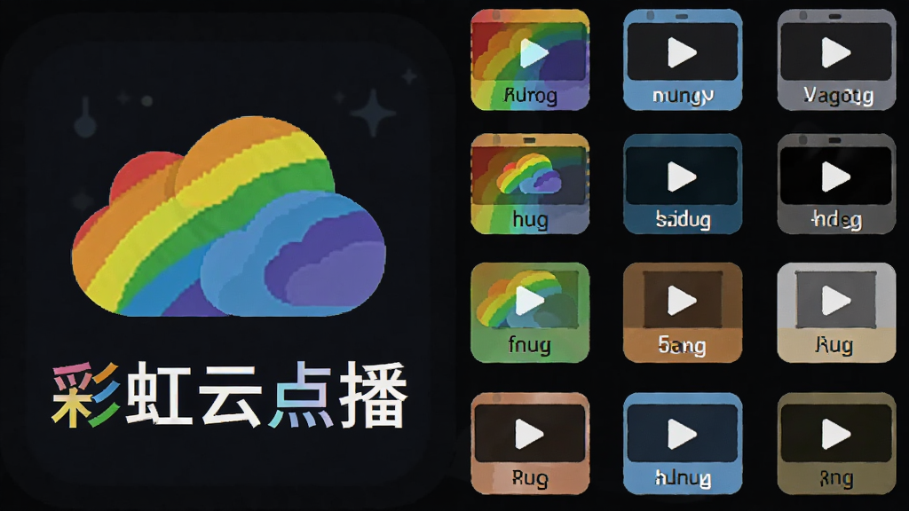 彩虹云点播多格式支持示意图,画面主体为软件图标与多种视频格式图标并列,布局左右分布,排版整齐,风格扁平化科技风,细节包含“彩虹云点播”文字标识与格式后缀,画质高清,干净,无多余元素