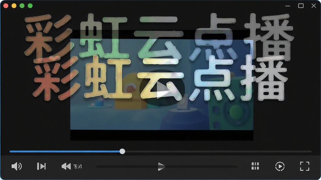 软件主界面全貌展示,“彩虹云点播”软件名称醒目,主体为深色背景播放器窗口,布局中央为视频播放区域,下方为播放控制栏与列表区,排版简洁清晰,风格现代科技感,细节包含进度条、音量图标、全屏按钮,画质高清,干净,无多余元素
