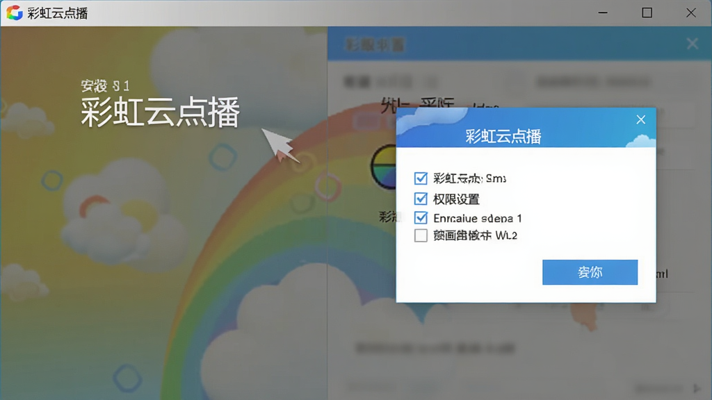 彩虹云点播安装与权限设置界面示意图,画面主体为软件安装向导与权限弹窗,布局左右分栏,排版清晰,风格教程指引风,细节包含“彩虹云点播”名称与勾选框,画质高清,干净,无多余元素