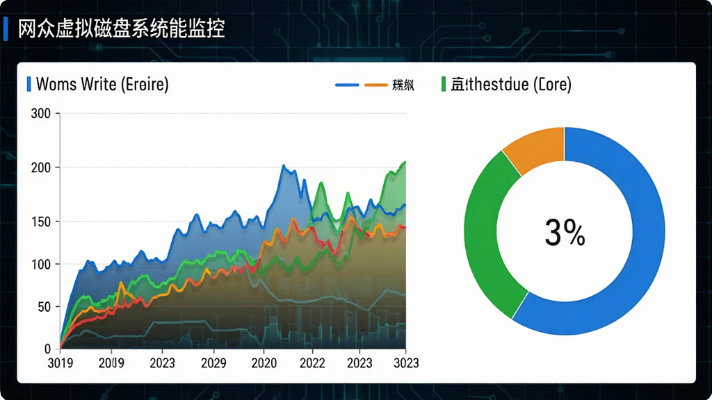 网众虚拟磁盘系统性能监控图表,画面展示实时磁盘读写速度曲线与缓存命中率仪表盘,数据以动态折线图与环形图呈现,色彩鲜明对比强烈,背景为深色科技网格,整体风格专业严谨,画质高清,干净无杂乱元素